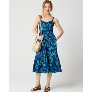 J. Crew Women's Poplin Corset Medi Dress Size 4 Navy‎ Blue Green Leaf Print NWT